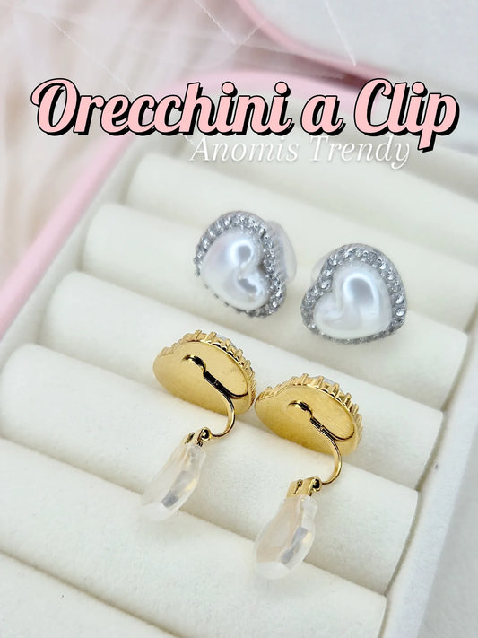Nuovi Orecchini a Clip Cuore Madreperla con zirconi 100% anallergici (si indossano anche senza lobo forato)