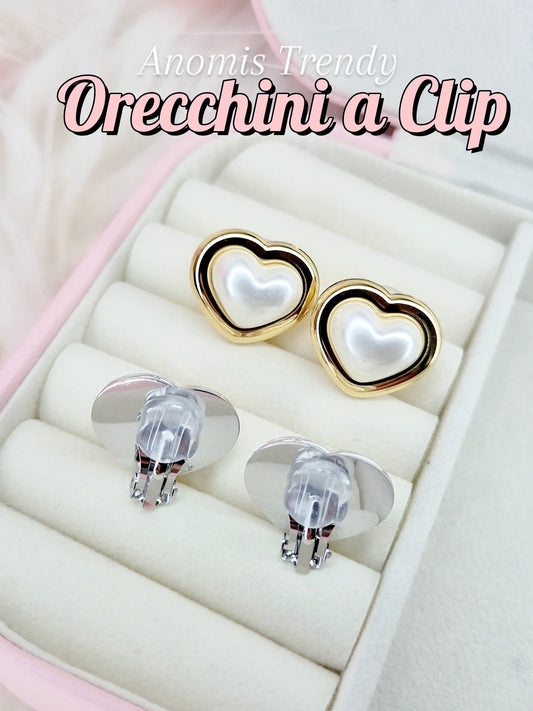 Nuovi Orecchini a clip (anche per lobi non forati) Cuore Madreperla bordato in Acciaio Silver o Gold 100% anallergici