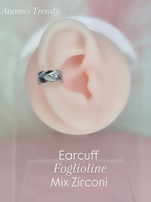Earcuff Foglioline con zirconi 100% acciaio Silver anallergico (orecchino senza foro)