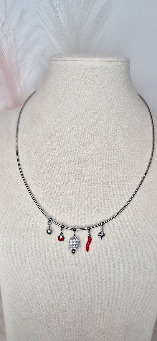 Collana Sonaglio della buona sorte girocollo (45cm+estens.) in acciaio semirigido Silver o Gold con Campanella pavè zirconi e charms portafortuna smaltati