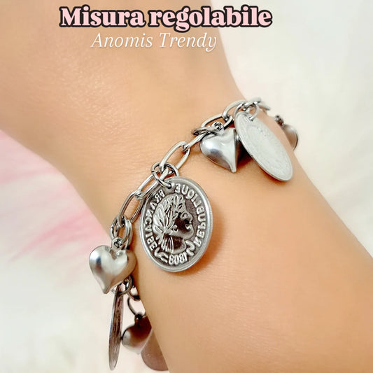 Bracciale Sonaglio Cuori & Money acciaio silver anallergico catena maglia ovale mis.regolabile