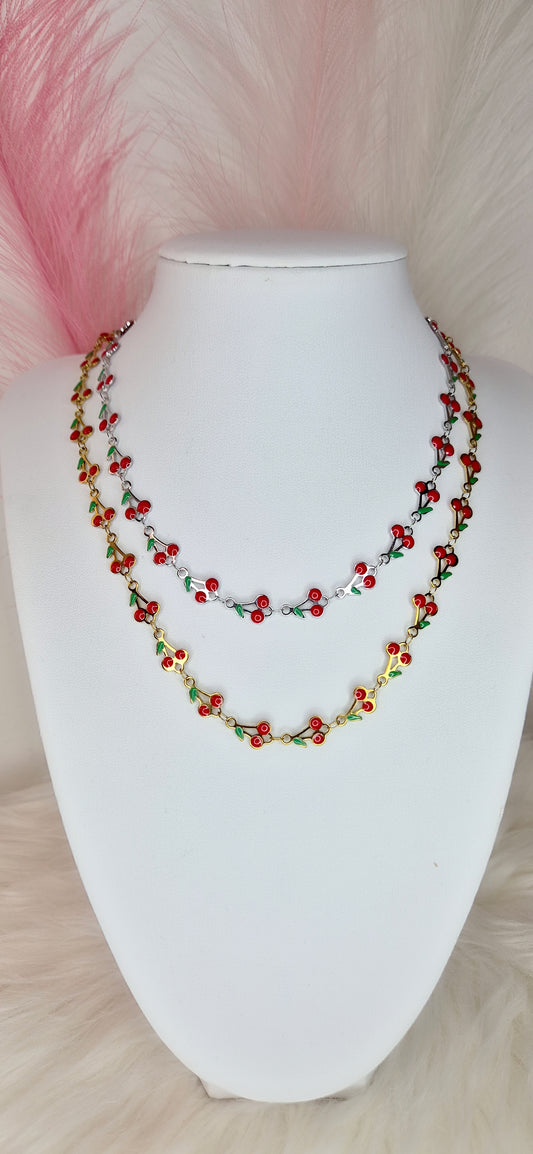Collana girocollo Ciliegie 🍒smaltate in acciaio Silver o Gold 40cm + 5cm estensione regolab.