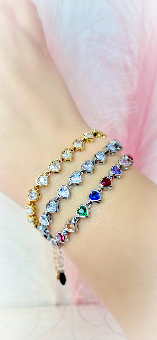 Bracciale Cuori Strass in acciaio silver o gold mis. regolabile