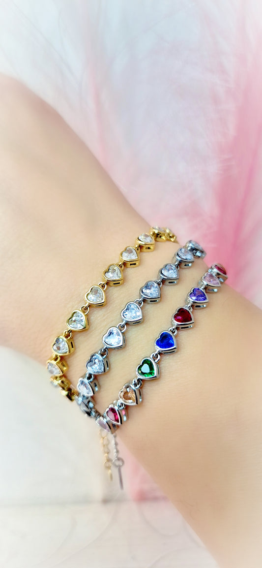 Bracciale Cuori zirconi multicolor in acciaio silver mis. regolabile