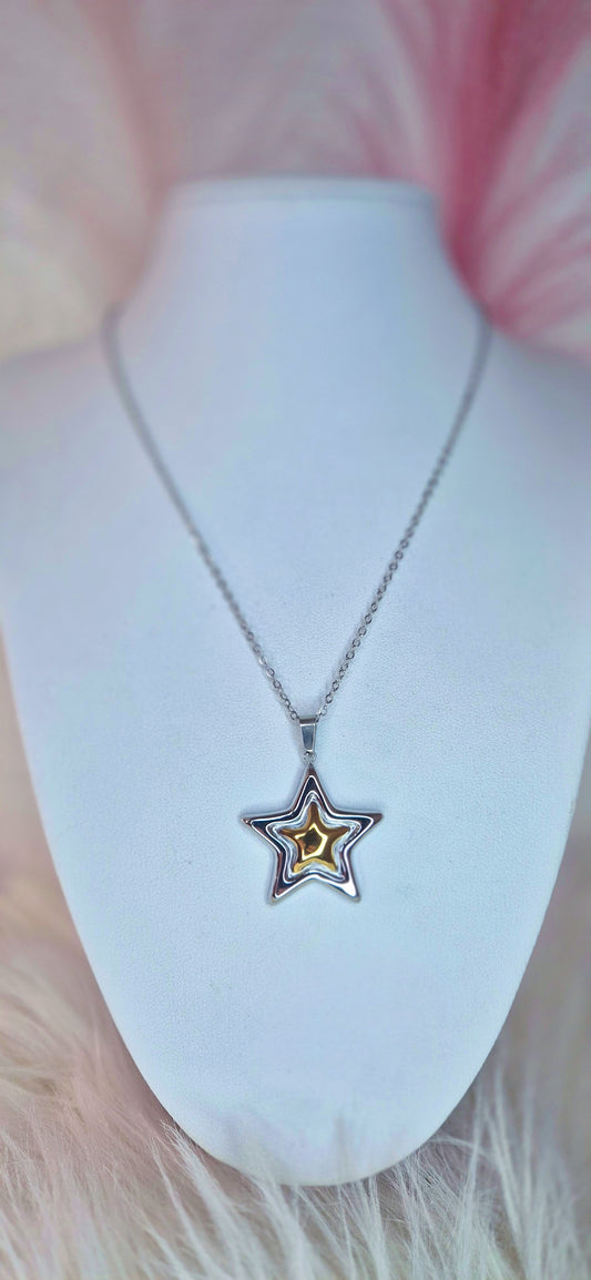 Collana pendente Stella 3D in acciaio bicolor mis. 40cm+5cm estensione