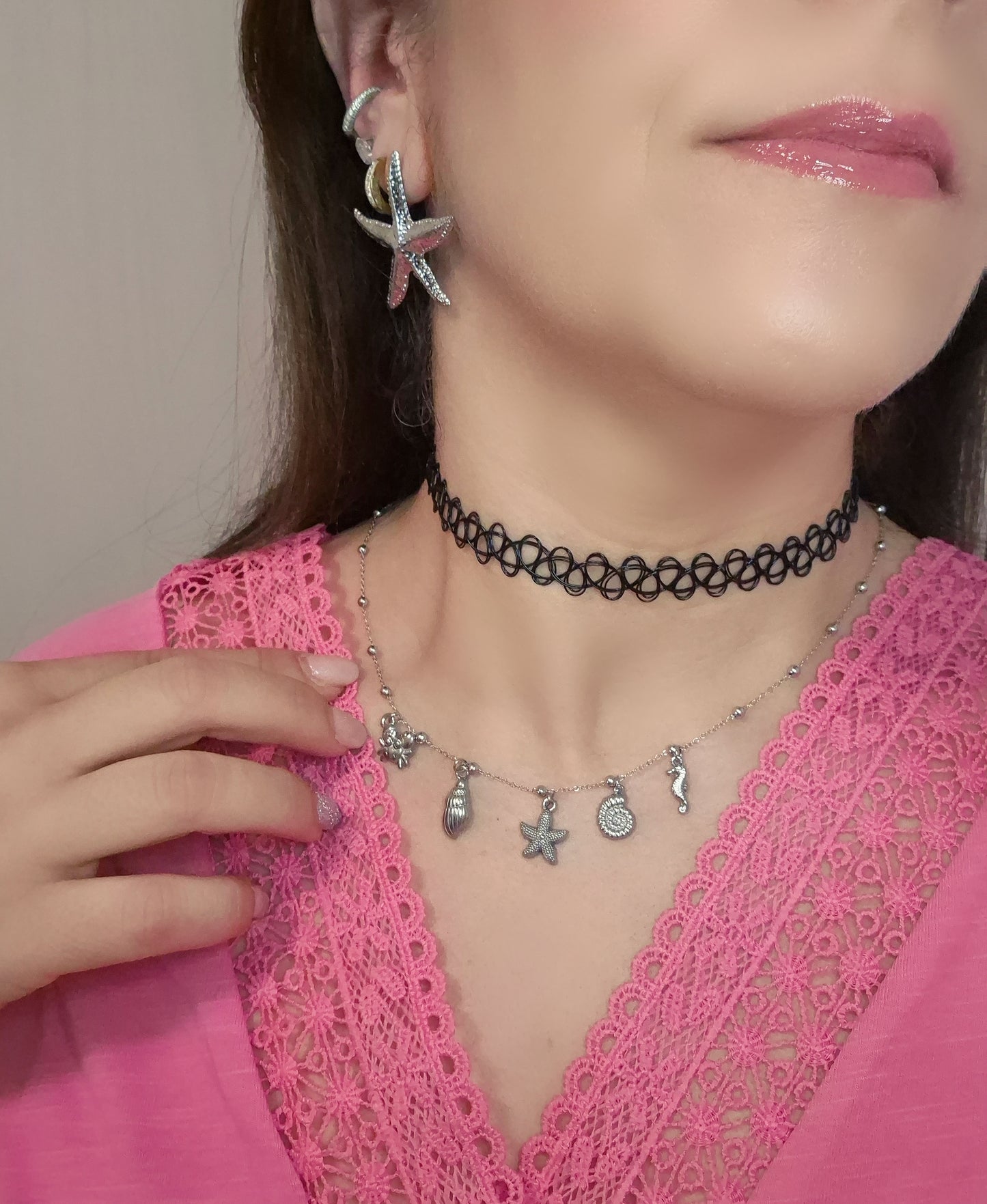 Collana multicharms tema mare in acciaio silver 40cm+estensione