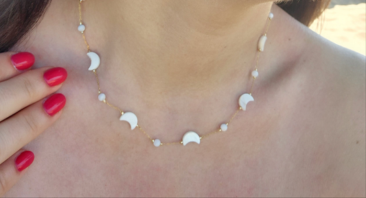 Collana Notte Magica d'Estate in acciaio Silver/Gold con Luna/Stelle in conchiglia tipo madreperla mis.40cm+estens.regolab.