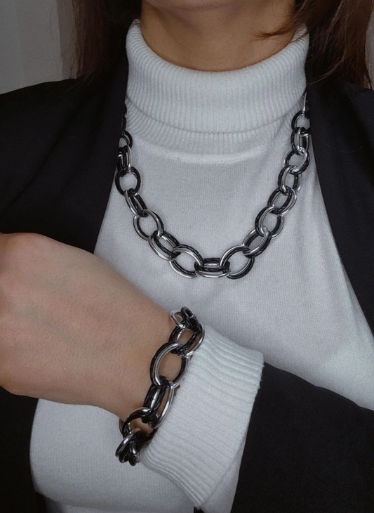Collana e Bracciale maglia ovale doppia bicolor Silver/Gold o Silver/Nera