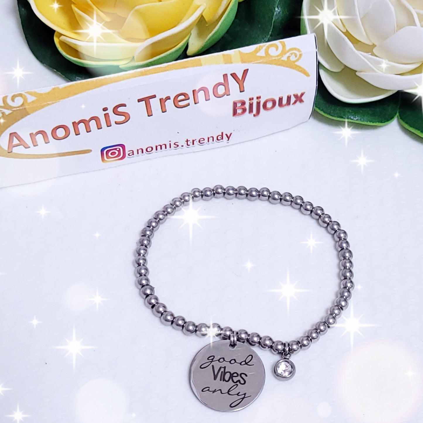 Bracciale elastico sfere acciaio 4mm Good Vibes Only con punto luce colore a scelta