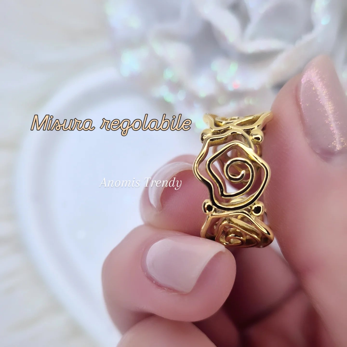 Anello a Fascia Boccioli di Rose acciaio mis.regolabile silver o gold