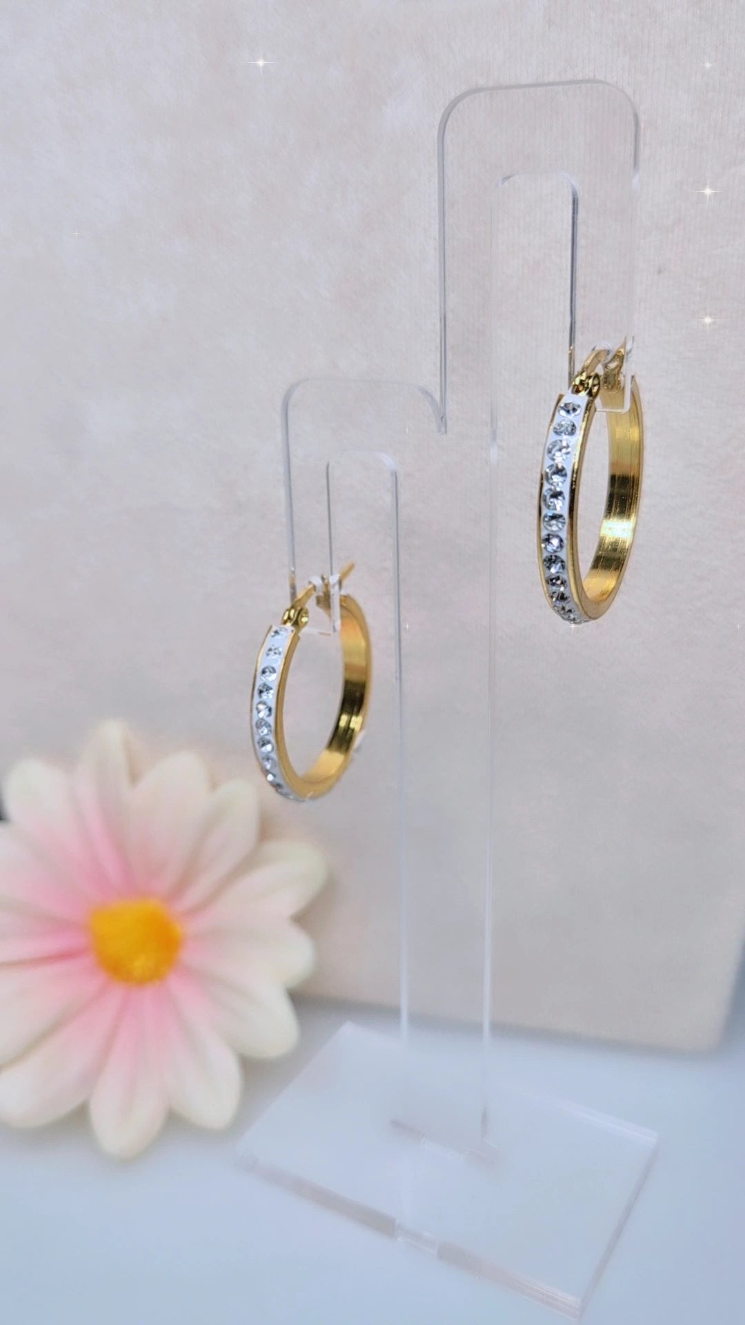 Orecchini cerchi 2.5cm in acciaio anallergico silver/gold con zirconi crystal