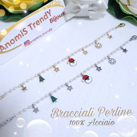 Bracciale catena mini-perline con soggetti Natalizi 🎄 Acciaio argento o dorè