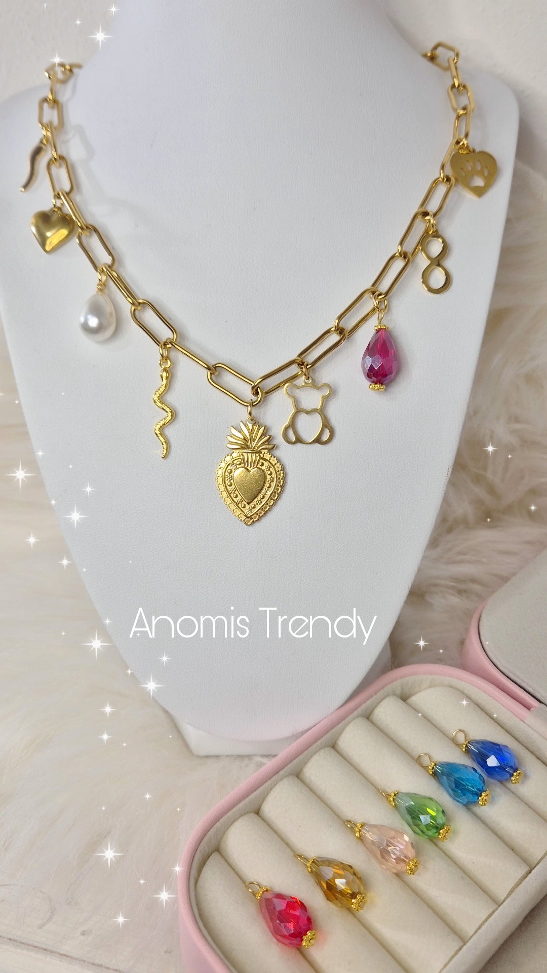 Collana Multicharms catena graffetta in Acciaio Gold goccia in cristallo colore a scelta