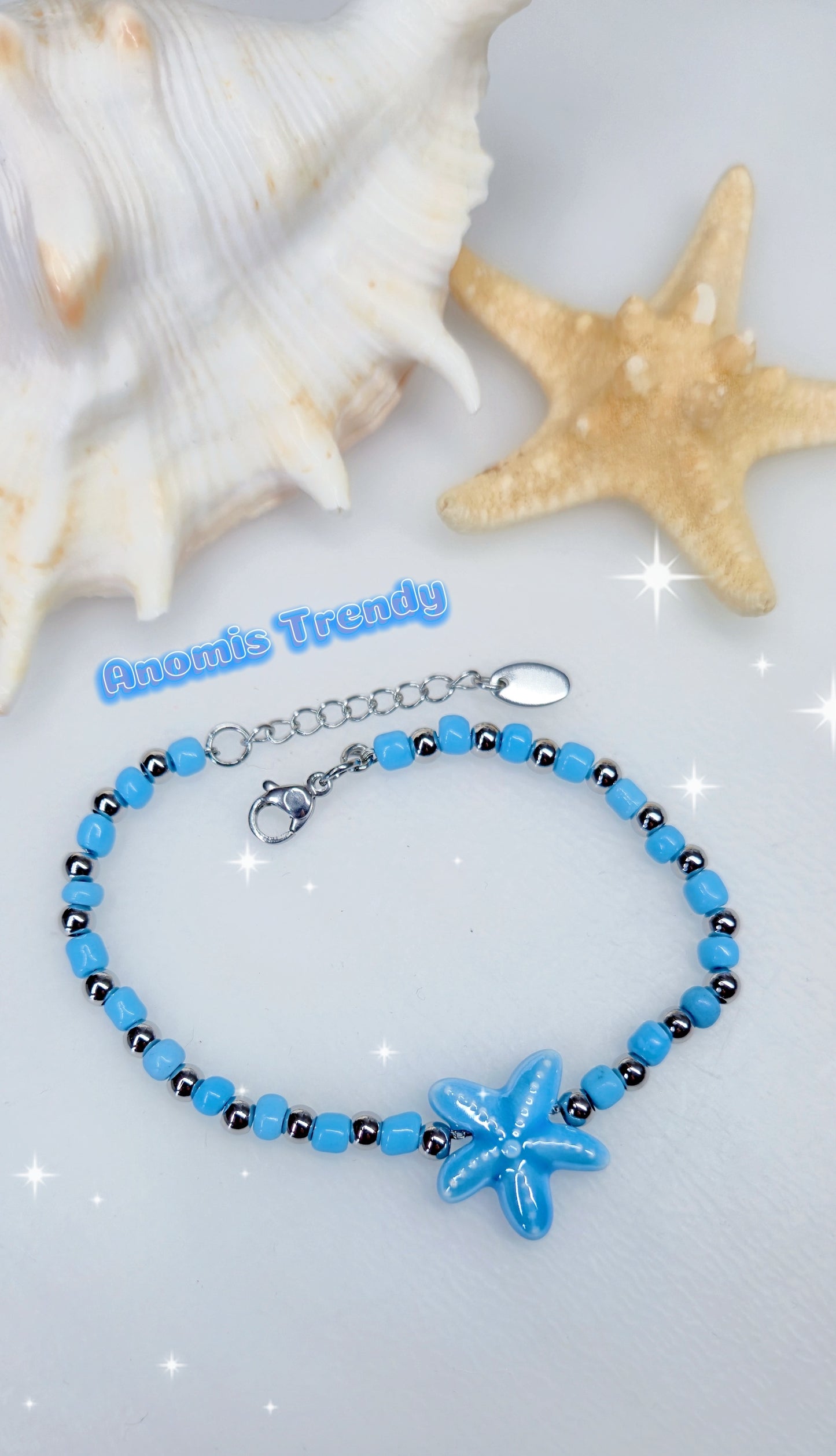 Bracciale mix turchese e acciaio silver con Stella Marina turchese centrale, mis. regolabile