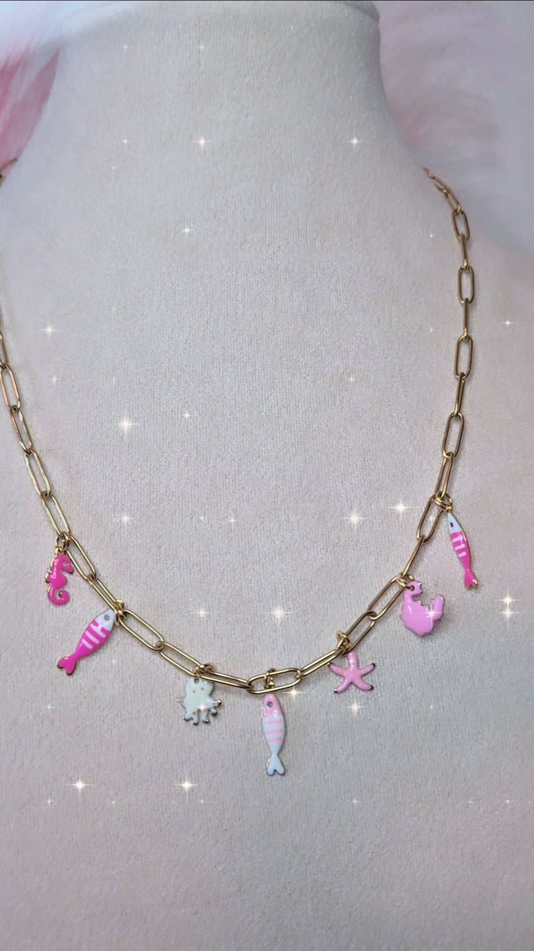 Collana graffettina in acciaio gold con charms tema mare smaltati colorati mis.40/45cm regolabile
