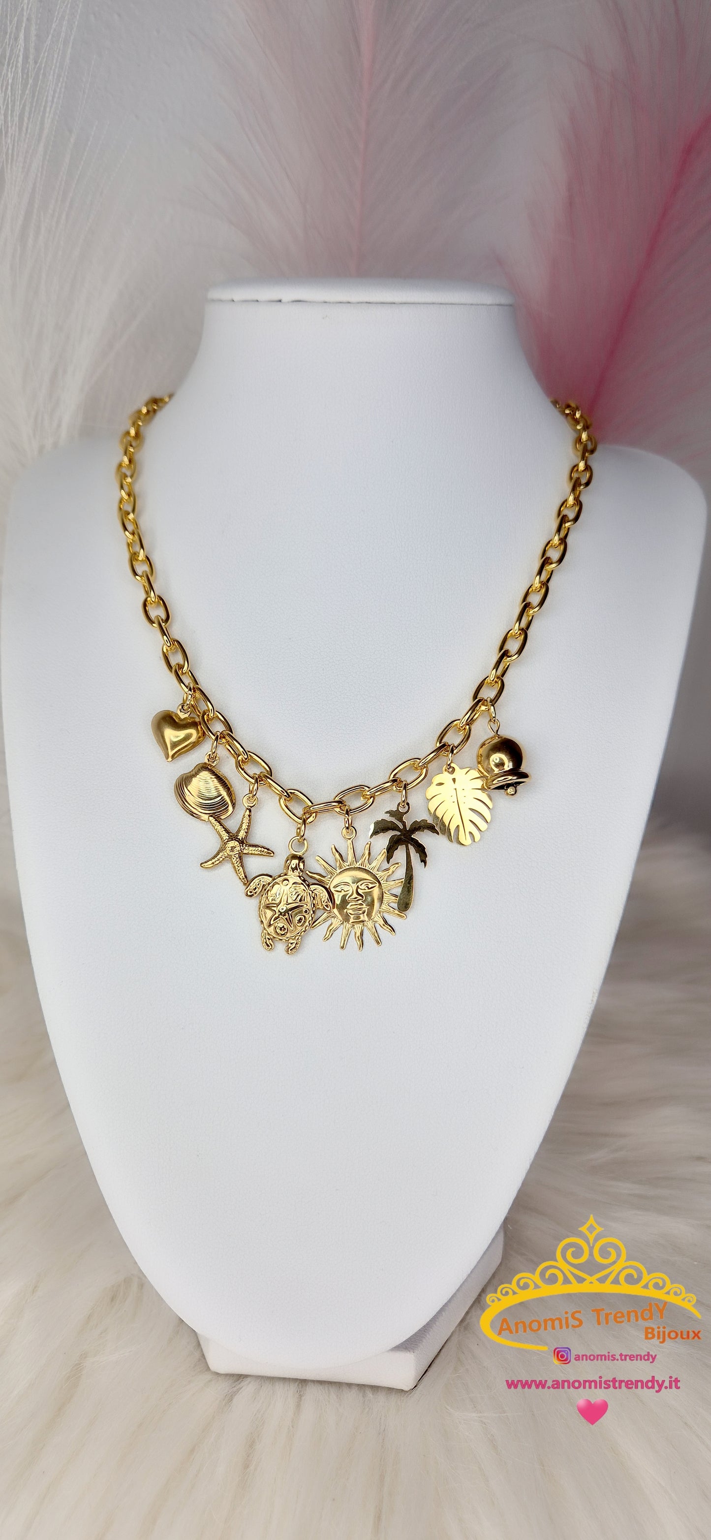 Collana sonaglio tema Estate in acciaio Silver o Gold mis. regolabile