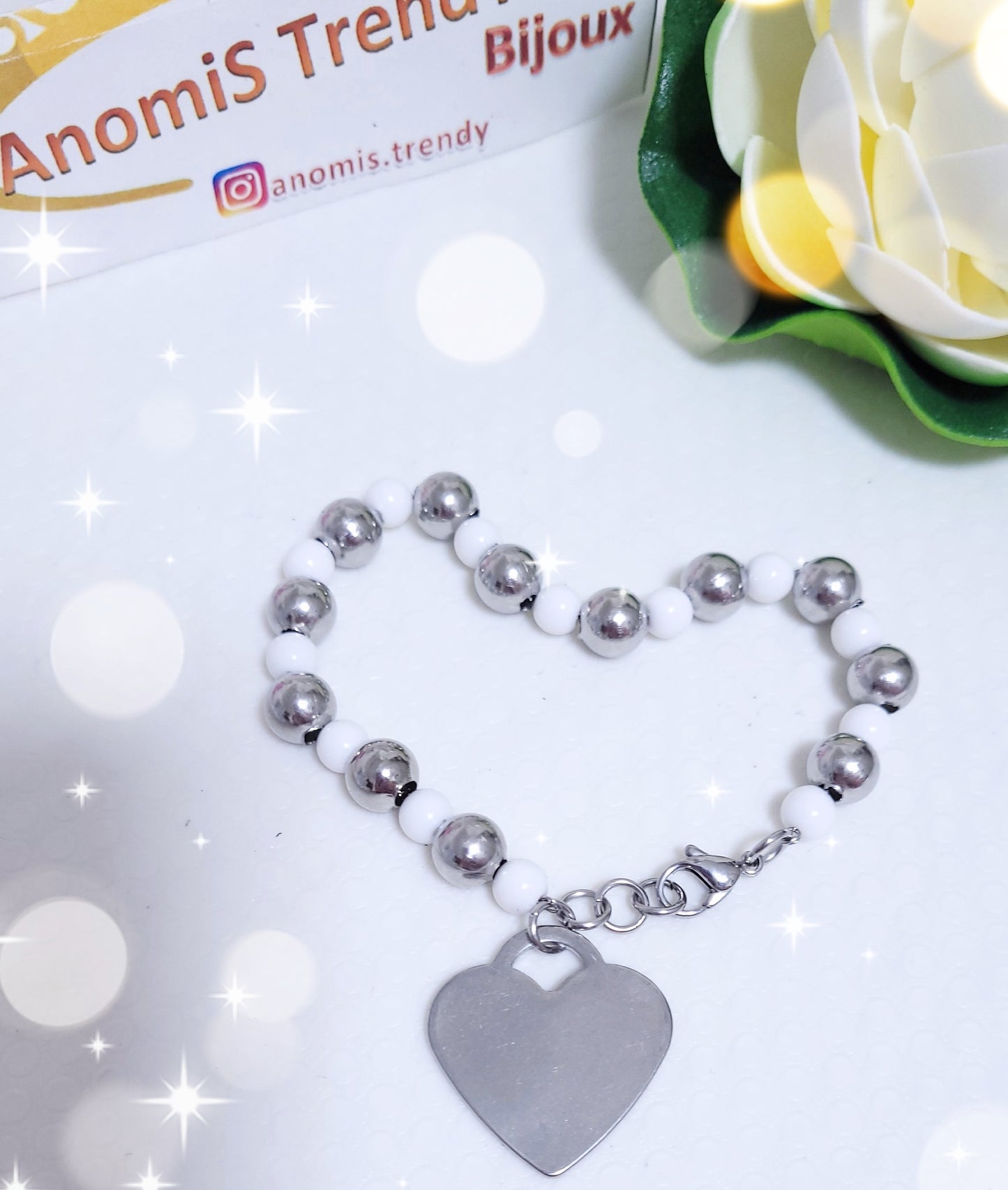 Bracciale mix sfere Acciaio & Colori Pastello a scelta bianco rosa azzurro personalizzabile con charms