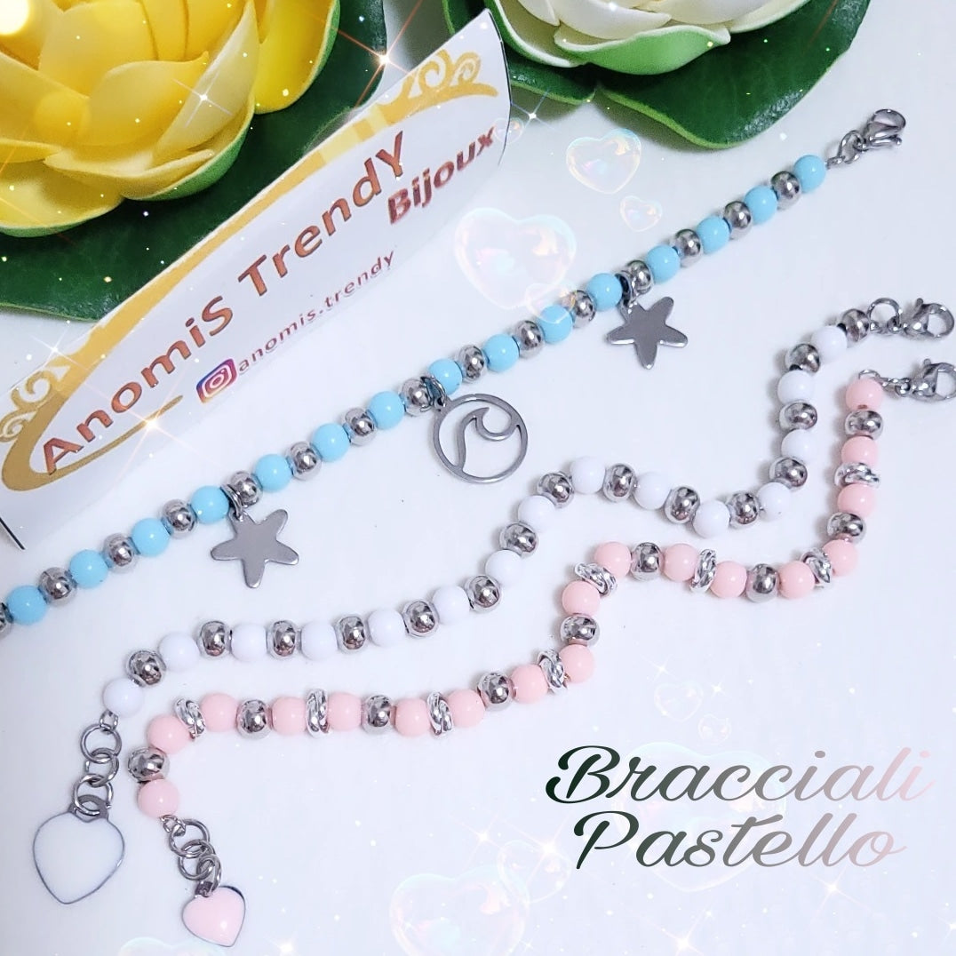 Bracciale mix sfere Acciaio & Colori Pastello a scelta bianco rosa azzurro personalizzabile con charms