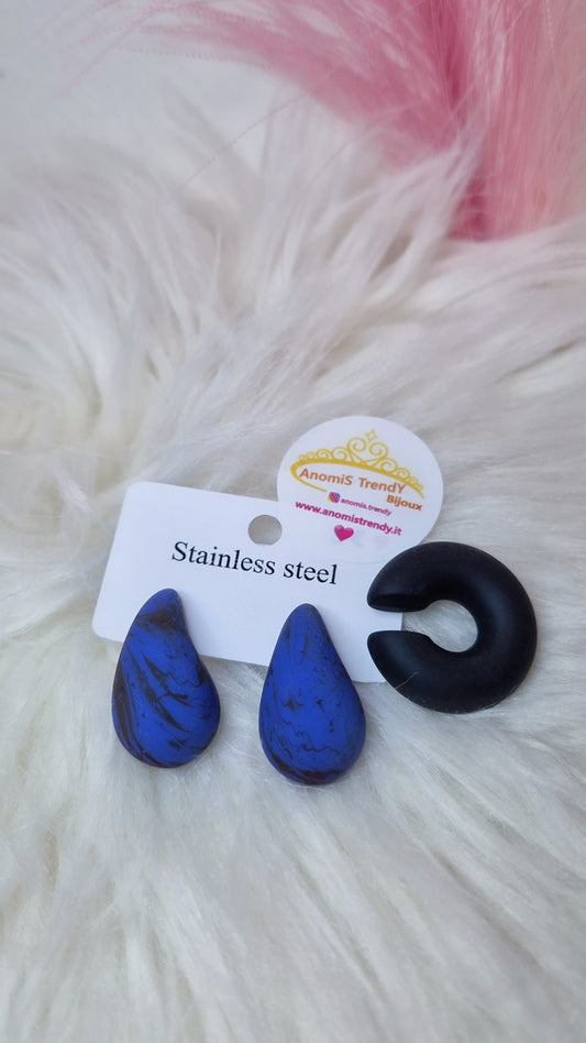 SET orecchini Goccia in soft touch effetto marmorizzato + Earcuff abbinato 100% anallergici