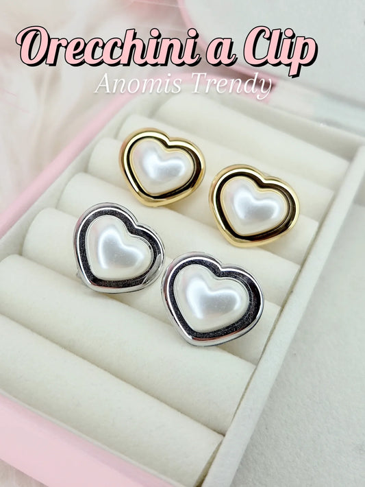 Nuovi Orecchini a clip (anche per lobi non forati) Cuore Madreperla bordato in Acciaio Silver o Gold 100% anallergici