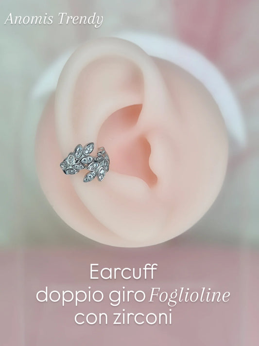 Earcuff Foglioline con zirconi 100% acciaio Silver anallergico (orecchino senza foro)