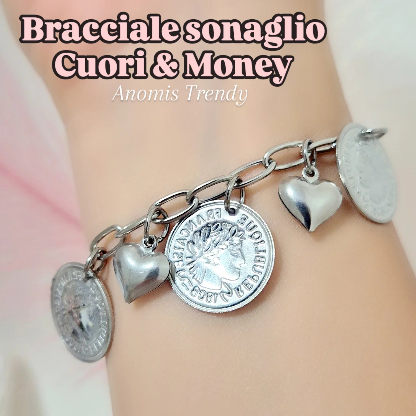 Bracciale Sonaglio Cuori & Money acciaio silver anallergico catena maglia ovale mis.regolabile