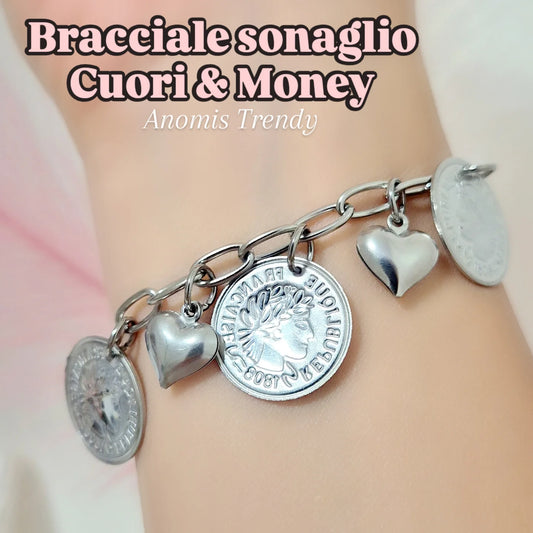 Bracciale Sonaglio Cuori & Money acciaio silver anallergico catena maglia ovale mis.regolabile