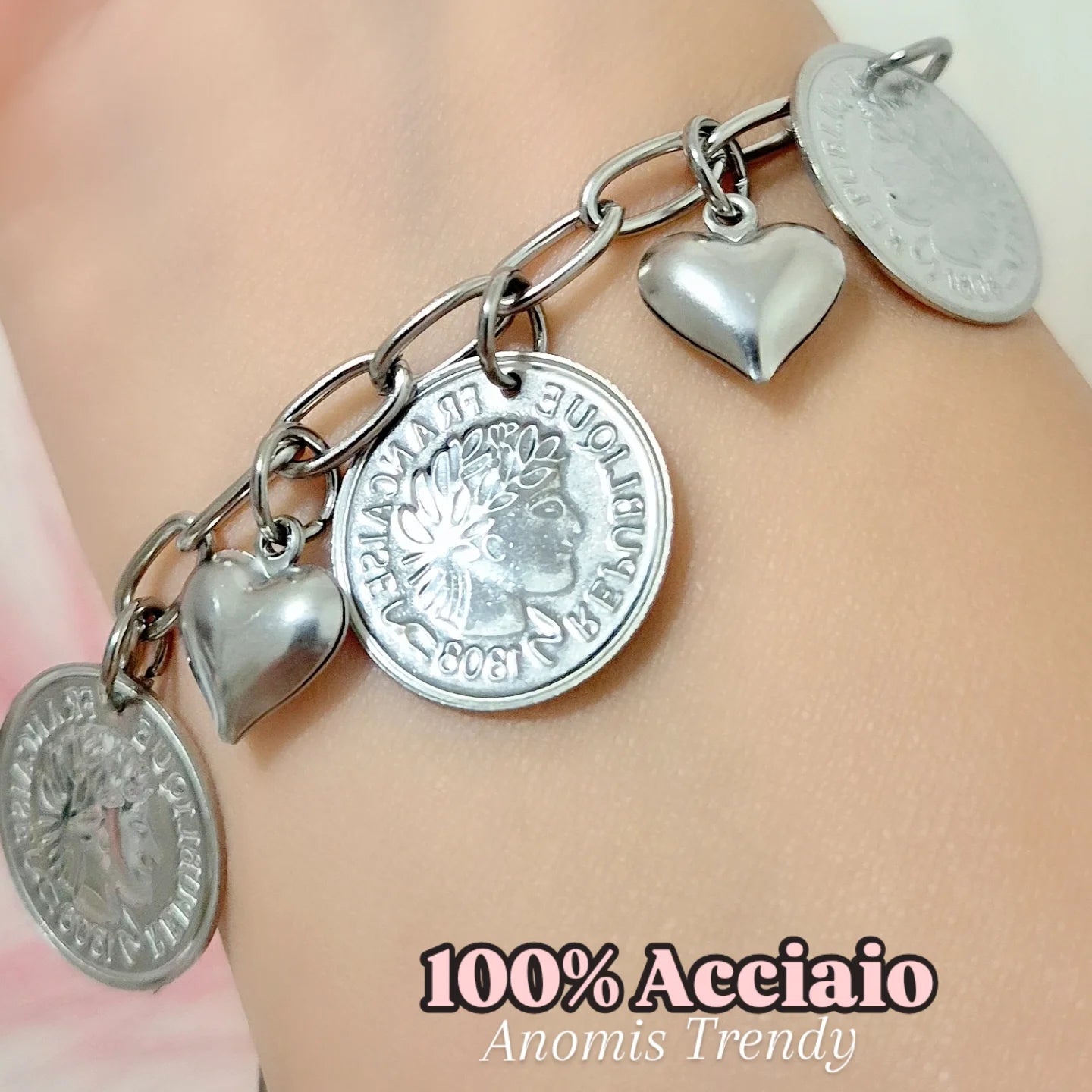 Bracciale Sonaglio Cuori & Money acciaio silver anallergico catena maglia ovale mis.regolabile