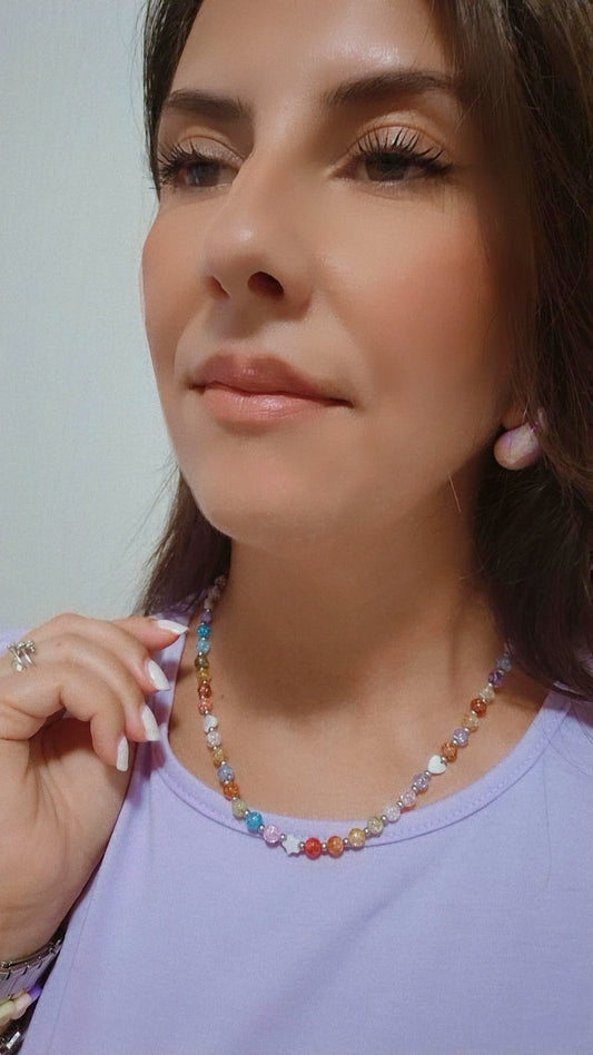 Collana girocollo Soft Rainbow con Cuori e Stelle madreperla e inserti acciaio Silver o Gold