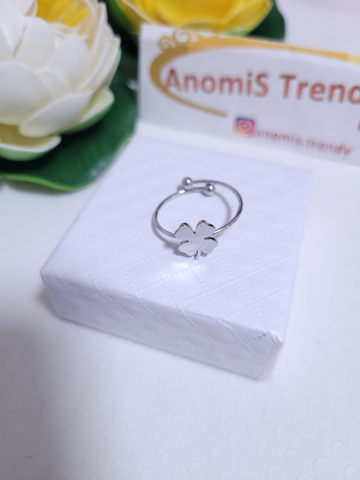 Anello Quadrifoglio PortaFortuna in acciaio mis. regolabile