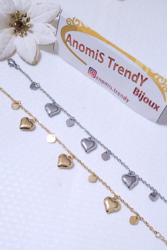 Bracciale Cuoricini bombati in Acciaio Silver o Dorè
