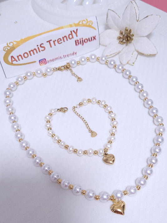 Collana & Bracciale mix Perle e Sfere acciaio Gold con Cuore bombato pendente
