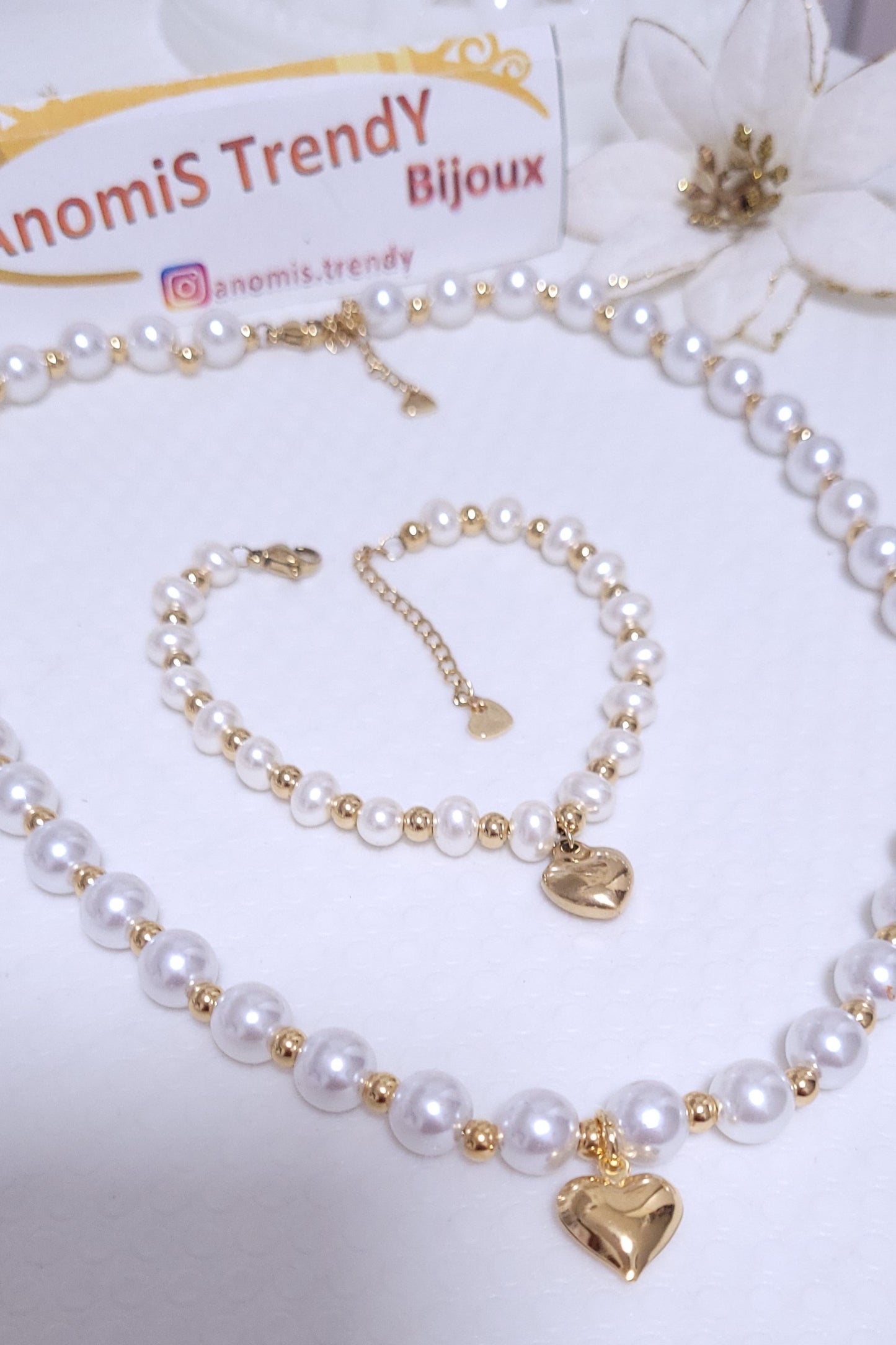 Collana & Bracciale mix Perle e Sfere acciaio Gold con Cuore bombato pendente