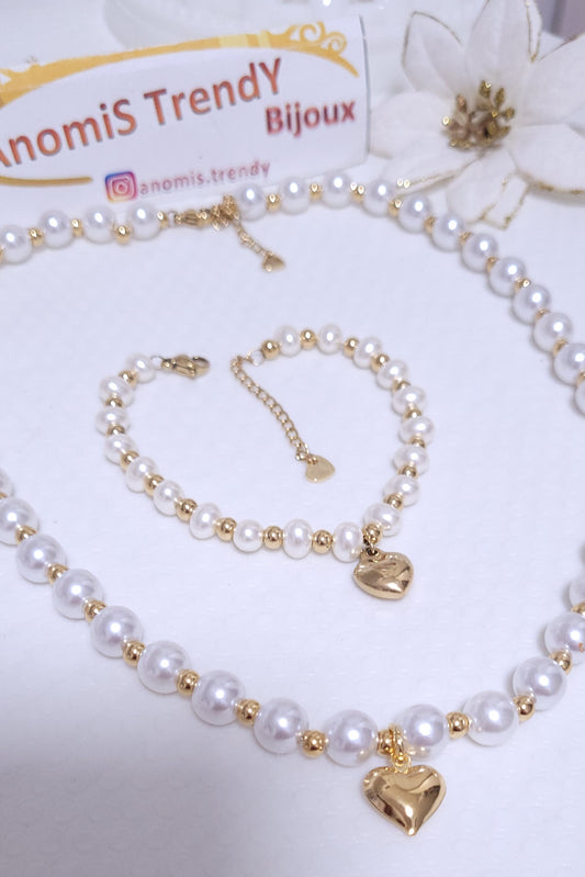 Collana & Bracciale mix Perle e Sfere acciaio Gold con Cuore bombato pendente