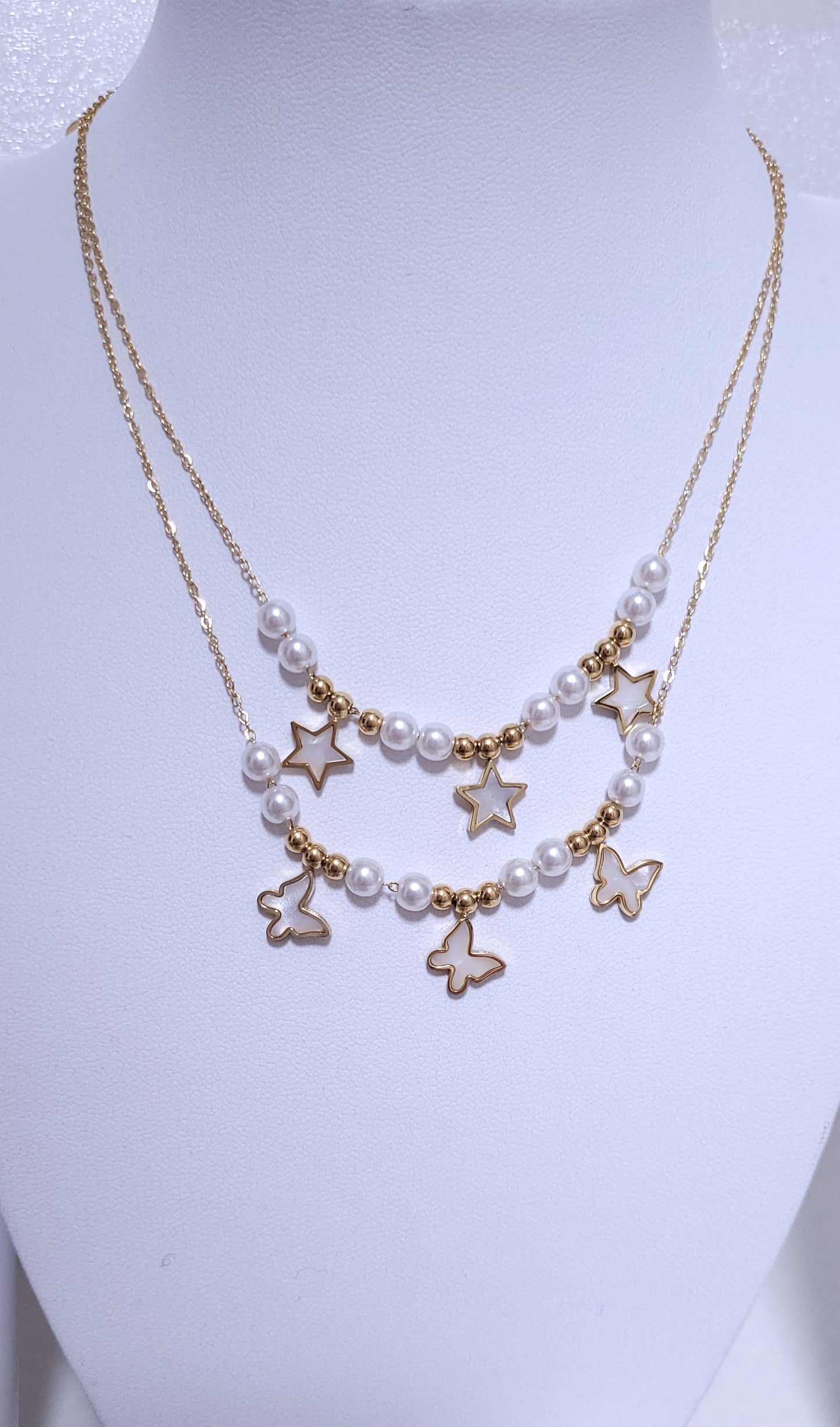 Collana acciaio dorè e Perle con Stelle - Farfalle in Madreperla