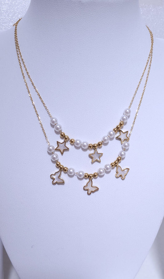 Collana acciaio dorè e Perle con Stelle - Farfalle in Madreperla