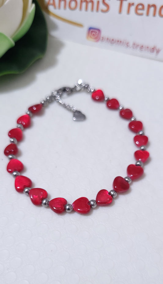 Collana Bracciale Cuoricini in conchiglia tipo madreperla e acciaio mis. regolabile