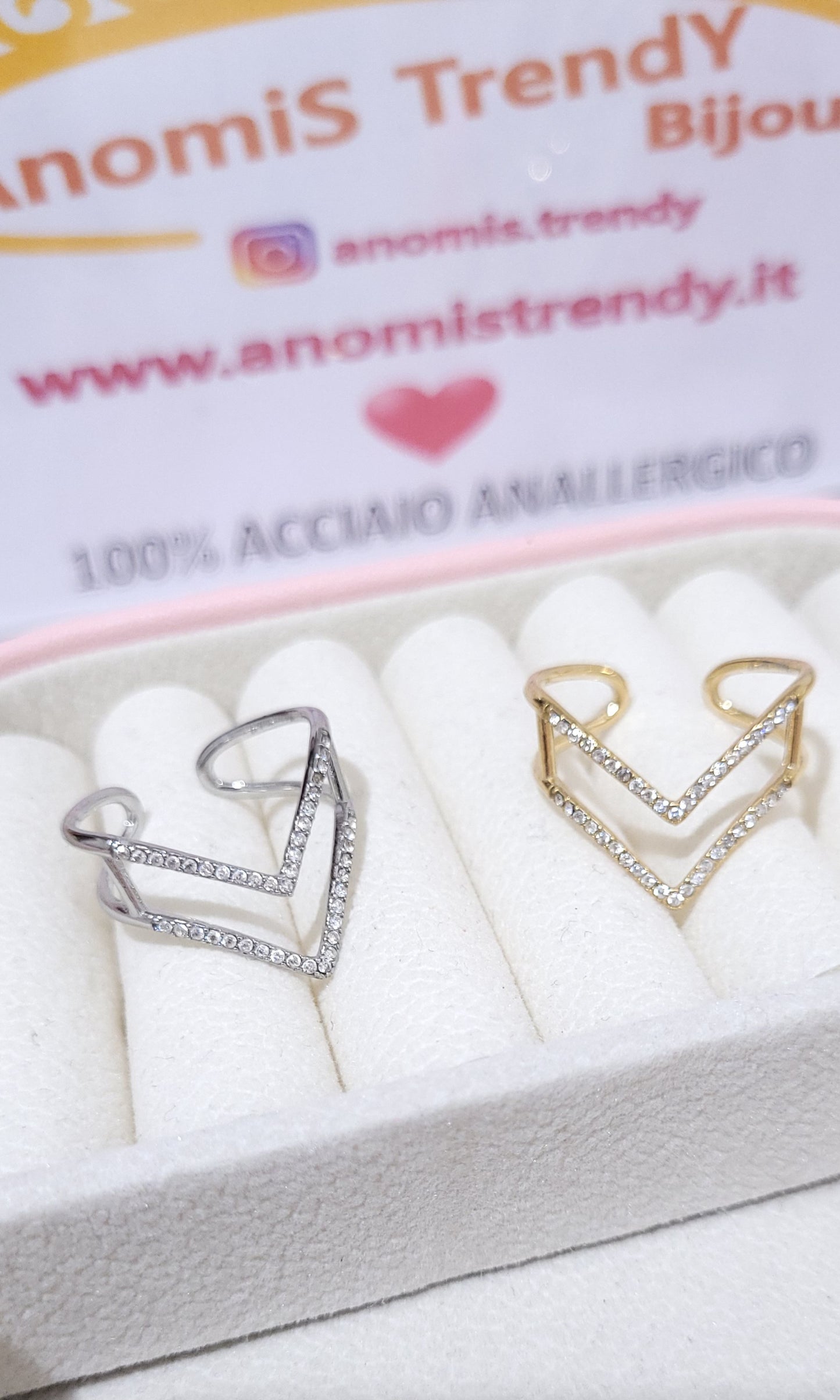 Anello doppia punta con zirconi 💎 100% acciaio mis.regolab