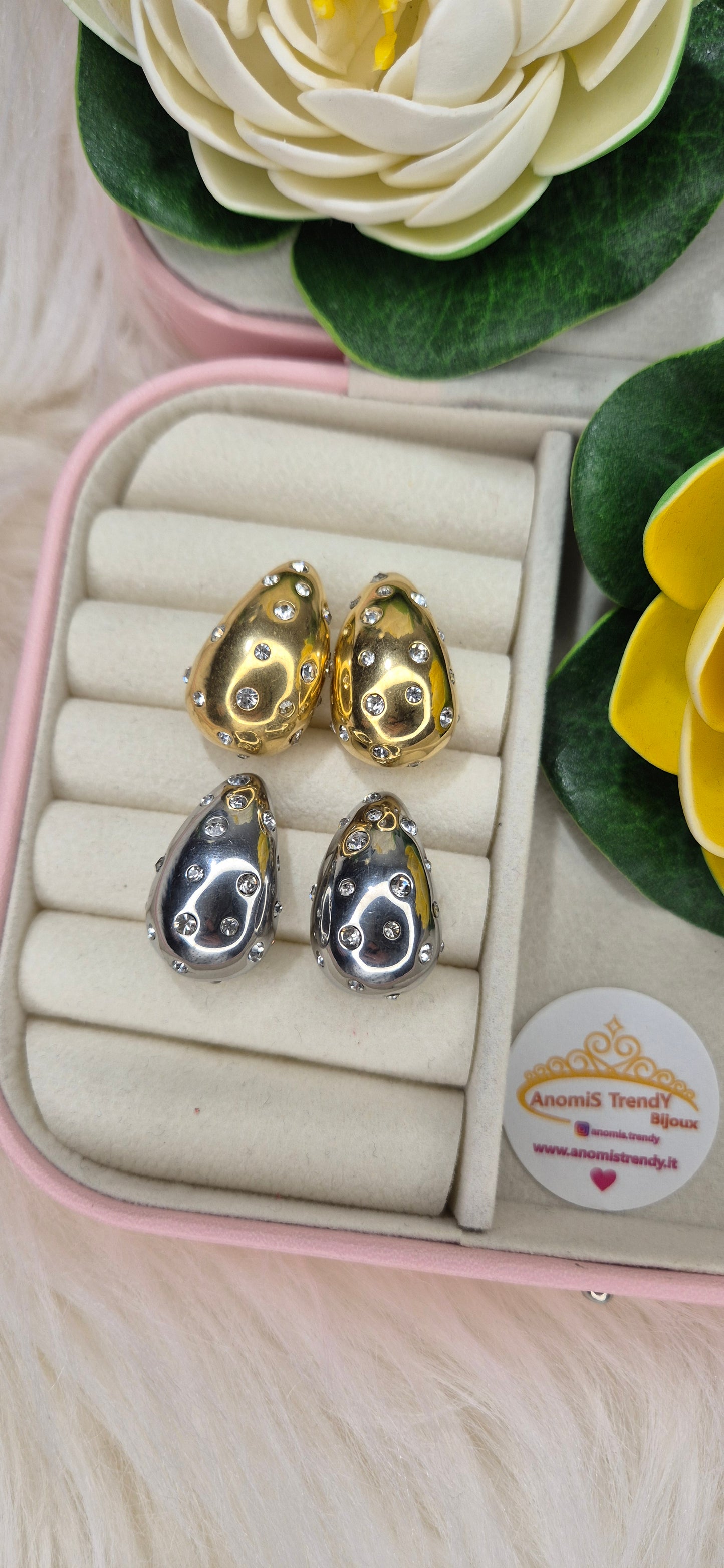 Linea Gocce con zirconi 💎 Orecchini Anello mod. Goccia in acciaio anallergico