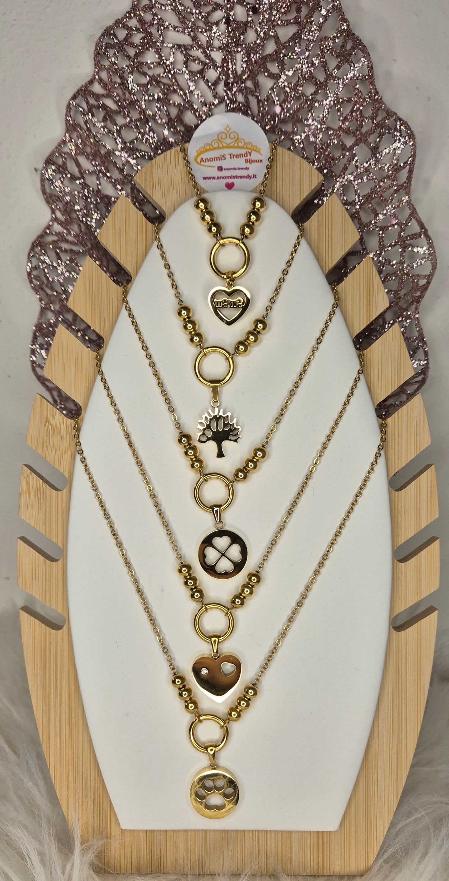 Collana mod.Pandora con sfere e pendente centrale 100% acciaio gold anallergico