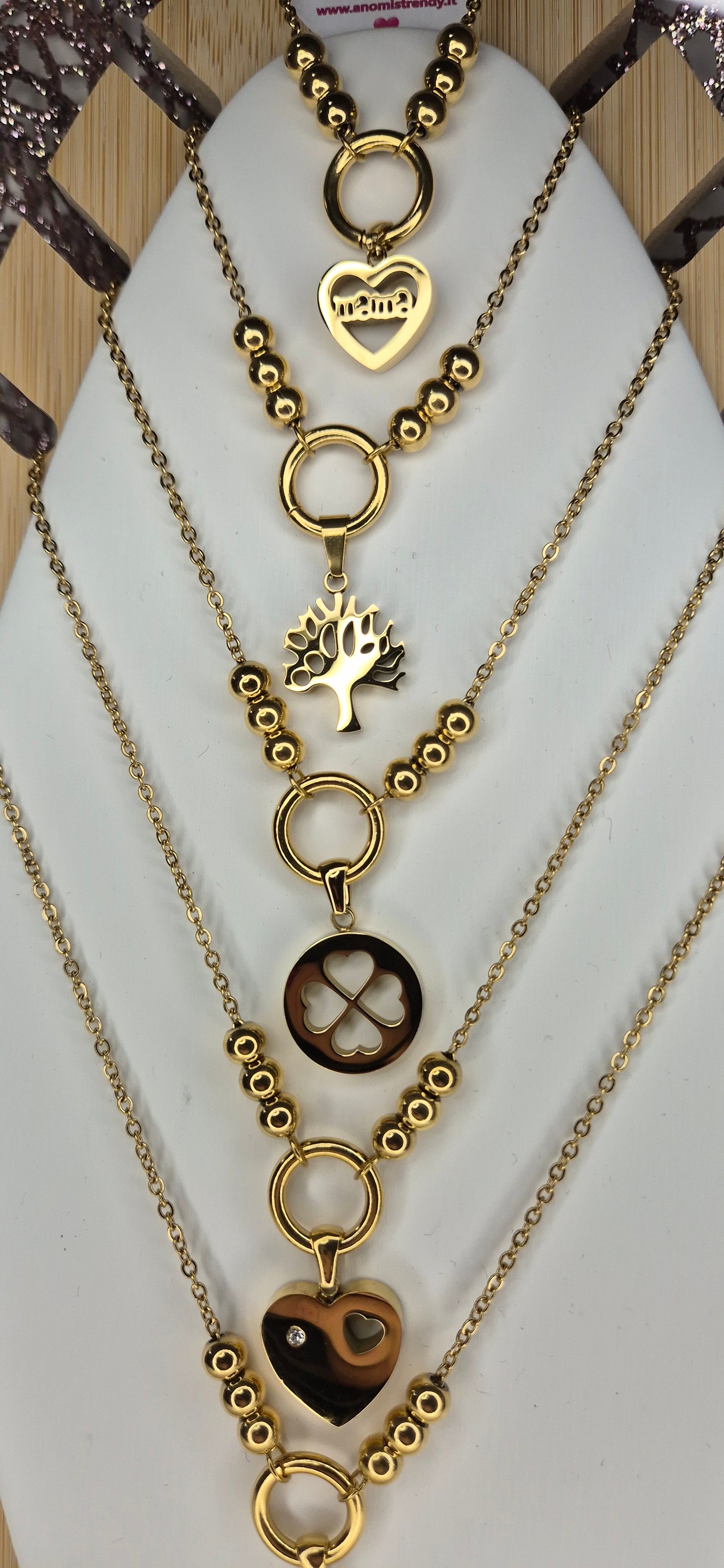 Collana mod.Pandora con sfere e pendente centrale 100% acciaio gold anallergico