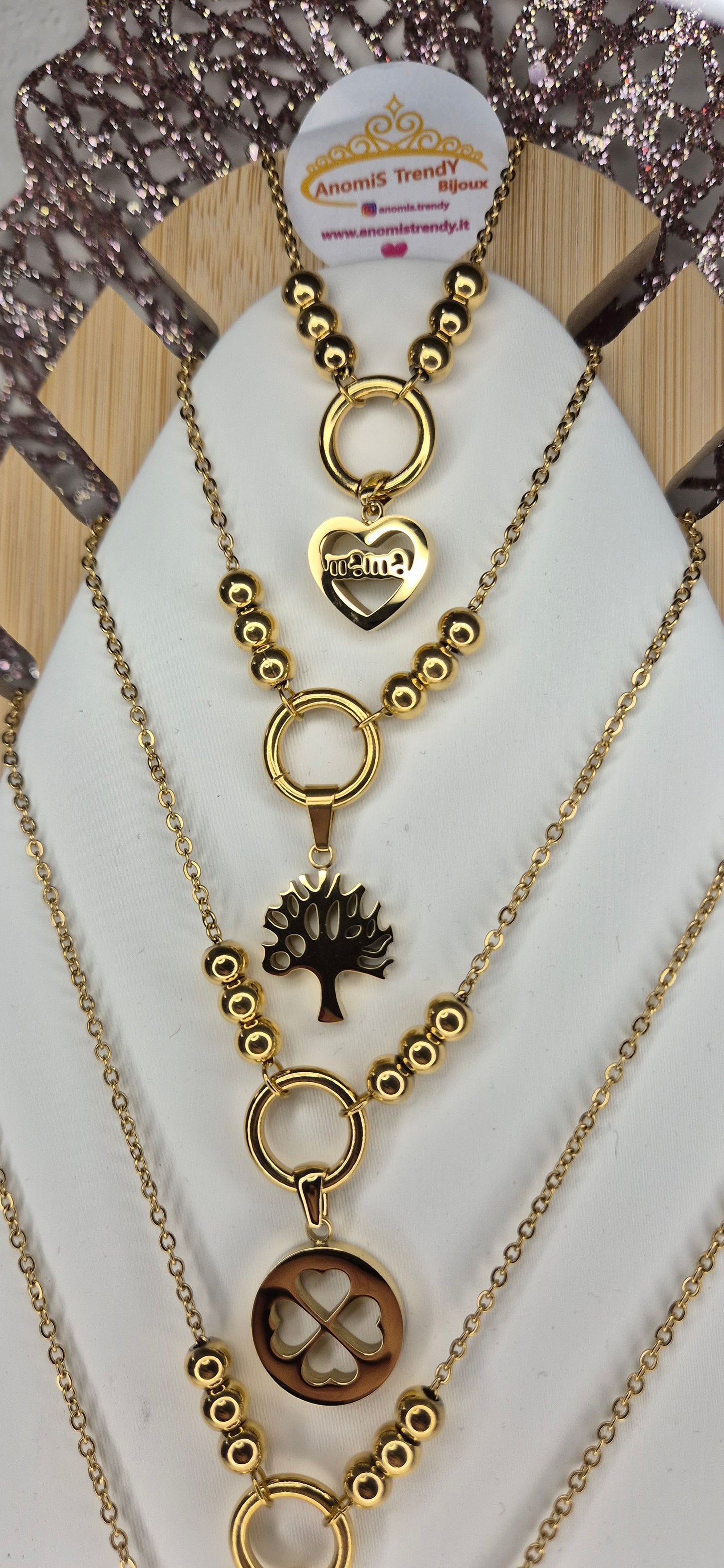 Collana mod.Pandora con sfere e pendente centrale 100% acciaio gold anallergico
