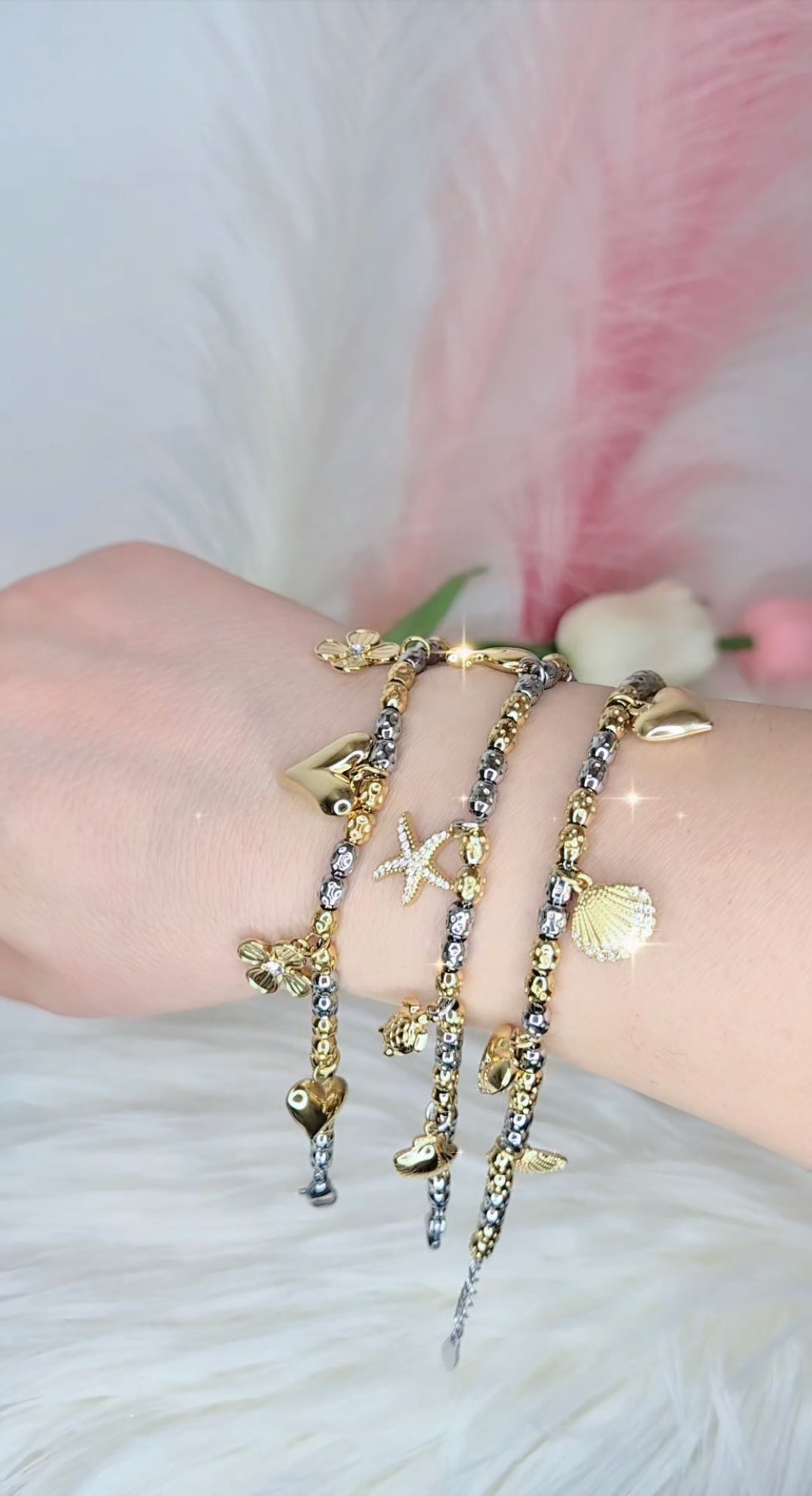 Nuovi bracciali tipo Dodo pepite in acciaio mix Silver & Gold con charms anche sonaglio e zirconi