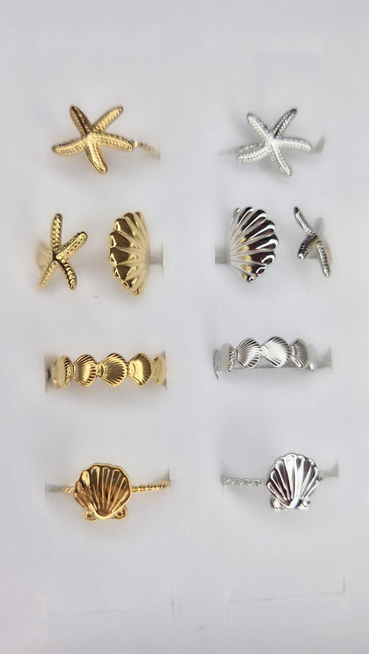 Anelli vari soggetti tema mare in acciaio anallergico silver gold bicolor misura regolabile