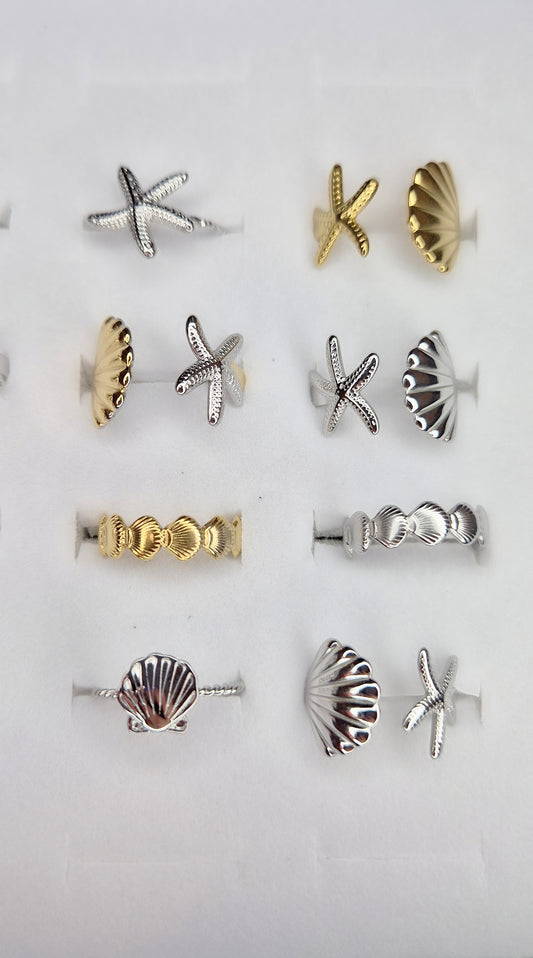 Anelli vari soggetti tema mare in acciaio anallergico silver gold bicolor misura regolabile