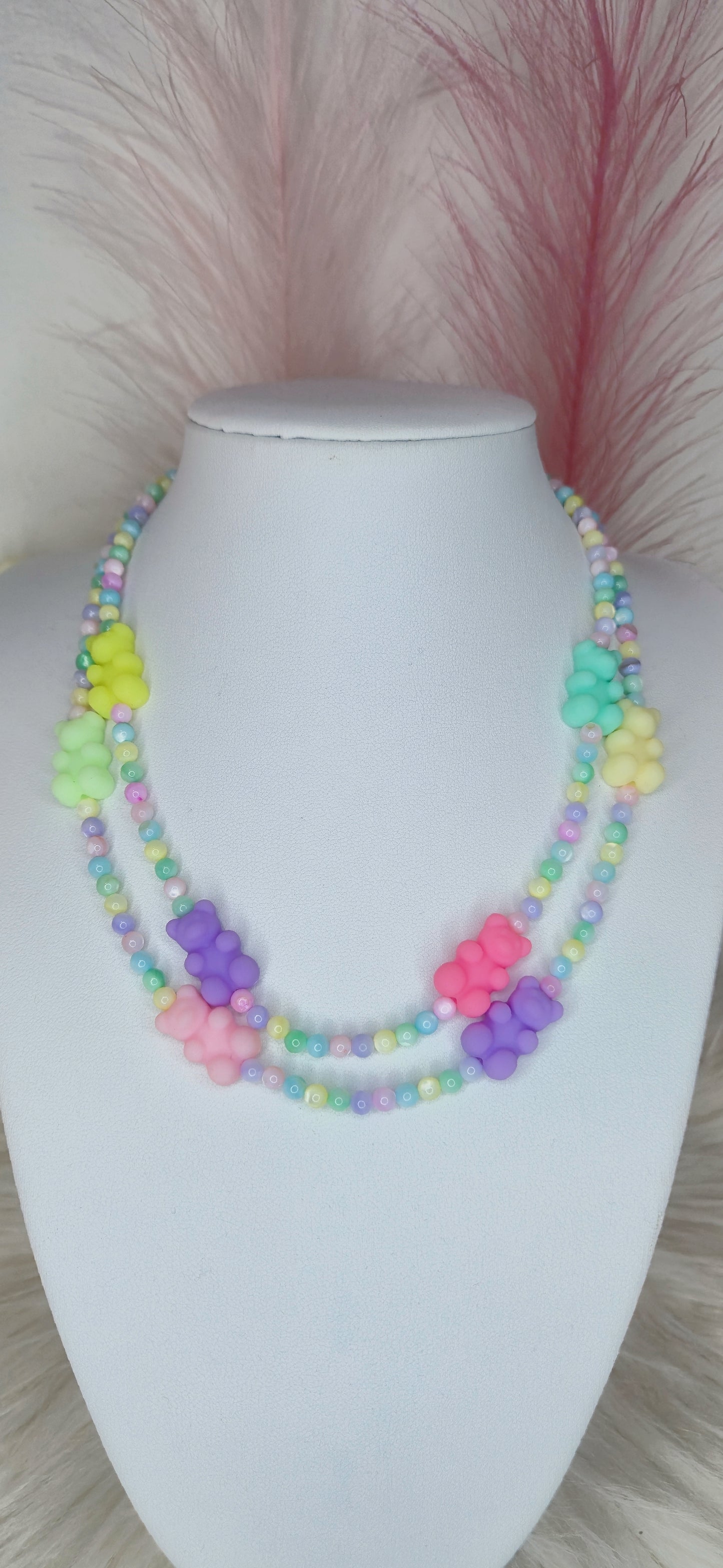 Collana Bracciale perline colorate con Orsetti 🧸effetto soft touch Pastello o Fluo 40cm + estens. regolab. in acciaio