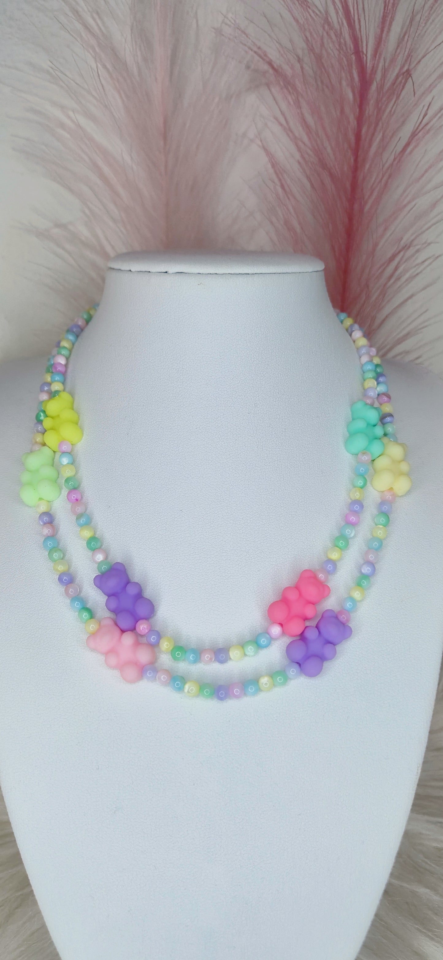 Collana Bracciale perline colorate con Orsetti 🧸effetto soft touch Pastello o Fluo 40cm + estens. regolab. in acciaio