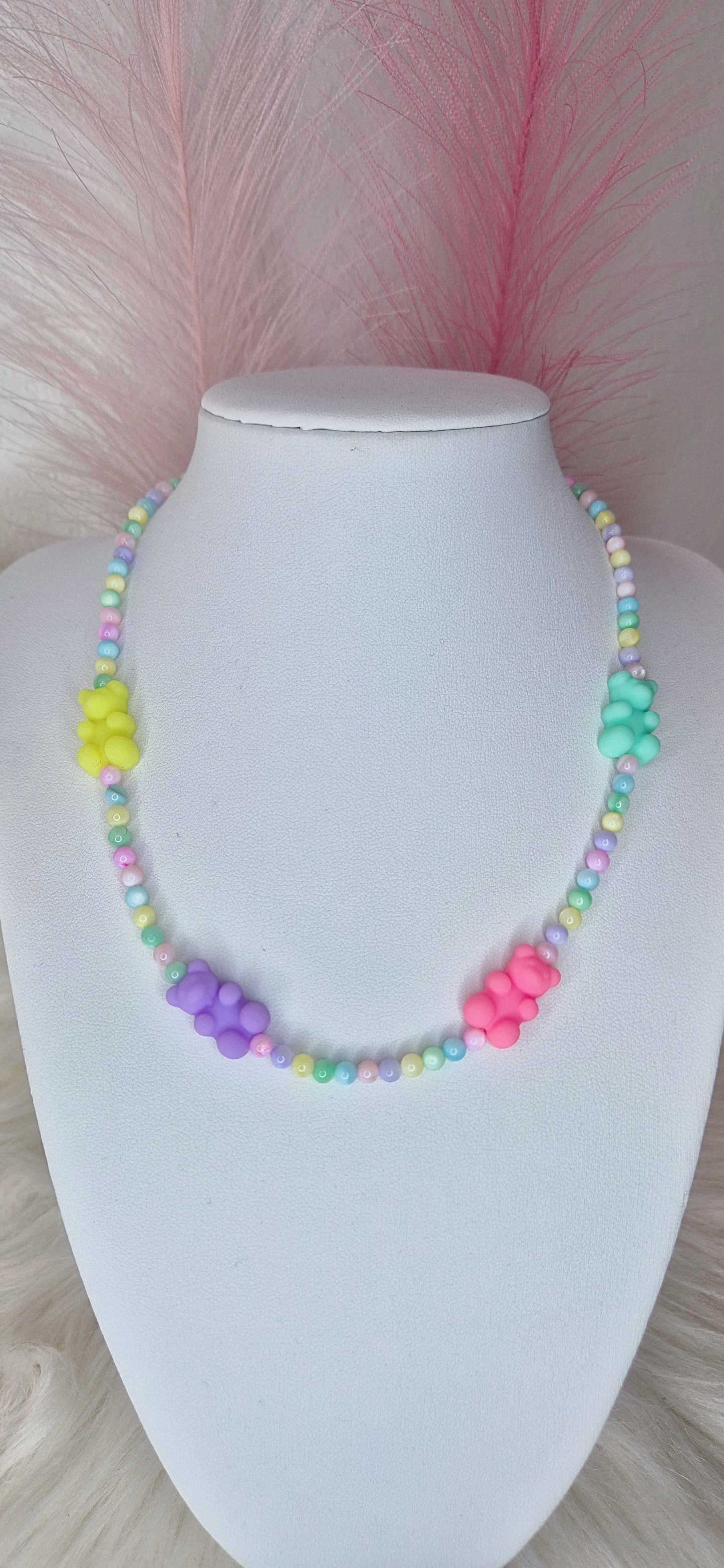 Collana Bracciale perline colorate con Orsetti 🧸effetto soft touch Pastello o Fluo 40cm + estens. regolab. in acciaio