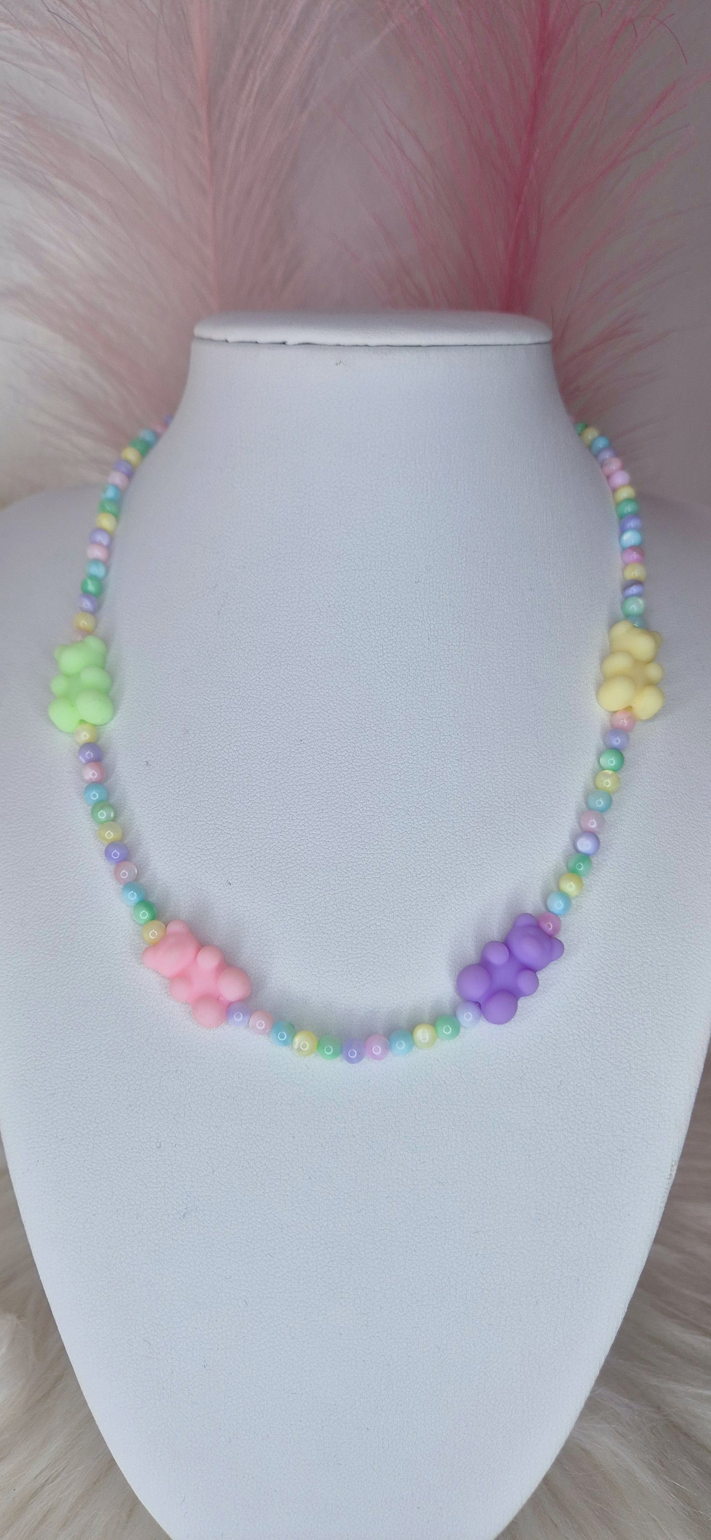 Collana Bracciale perline colorate con Orsetti 🧸effetto soft touch Pastello o Fluo 40cm + estens. regolab. in acciaio