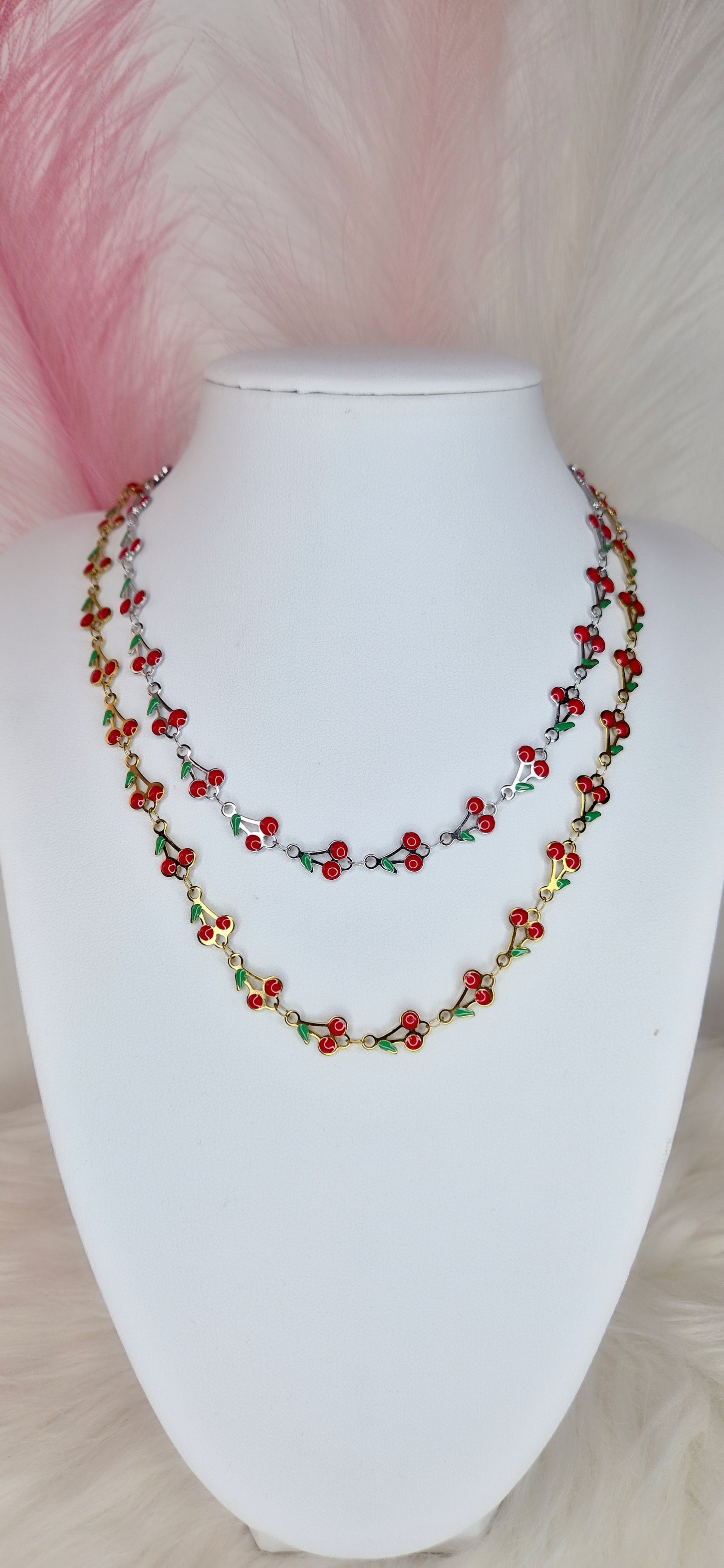 Collana girocollo Ciliegie 🍒smaltate in acciaio Silver o Gold 40cm + 5cm estensione regolab.
